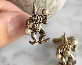 Vintage Clown Cufflinks / Antique Gold Circus Clown Cuff Links