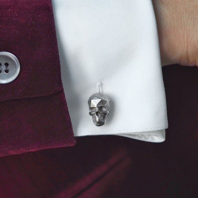 silver accessories 3d printed unisex gifts wedding gift Dapper Style Faceted Skull Rhodium Plated Brass Cufflinks