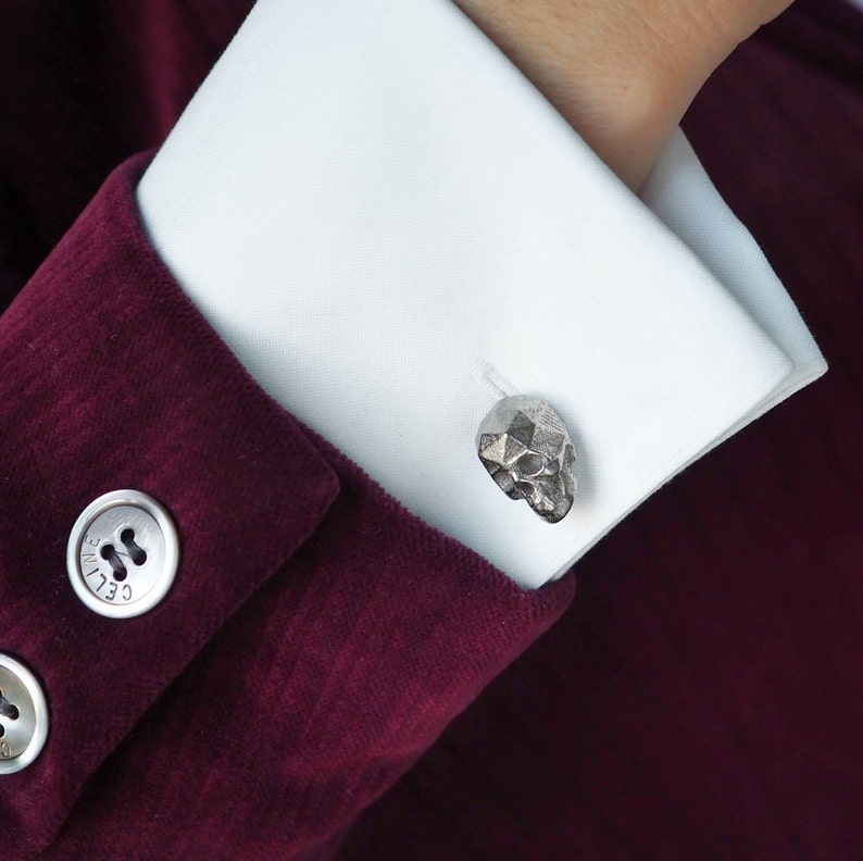 silver accessories 3d printed unisex gifts wedding gift Dapper Style Faceted Skull Rhodium Plated Brass Cufflinks
