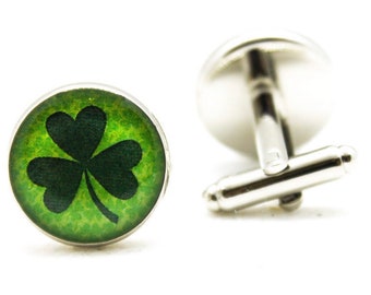 Irish Shamrock Cufflinks / Green Clover Cuff Links, St. Patricks Day Gift, Custom Funny Cufflinks Wedding, Groomsmen Gifts for Groom