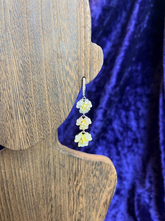 CZ Multicolored Triple Flower Dangle Earrings - image 3