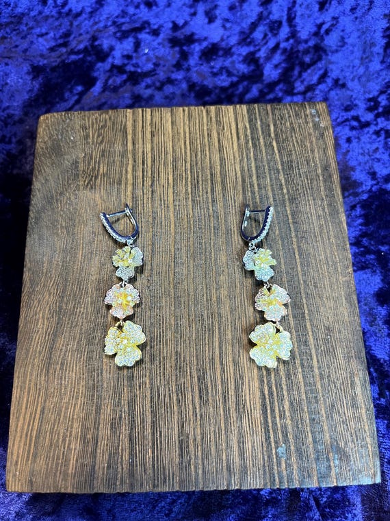 CZ Multicolored Triple Flower Dangle Earrings - image 5