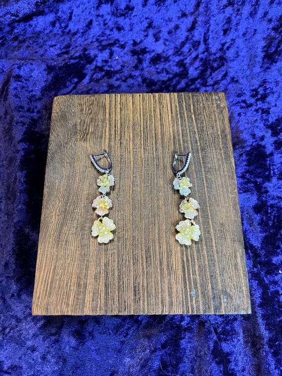 CZ Multicolored Triple Flower Dangle Earrings - image 4