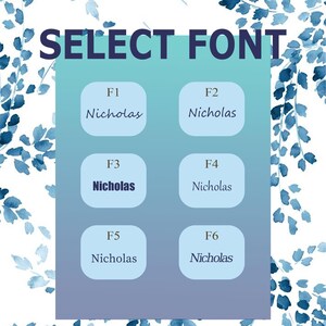 May include: A graphic with the text "SELECT FONT" in dark blue. Six light blue rounded rectangles display the name "Nicholas" in different fonts, with "F3 Nicholas" in bold. The background has a gradient of blue and white.