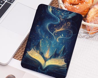 May include: A tablet case featuring a fantasy illustration. The design showcases an open book with glowing pages, a night sky with stars, a crescent moon, and a bird. The color palette includes blues, golds, and yellows.
