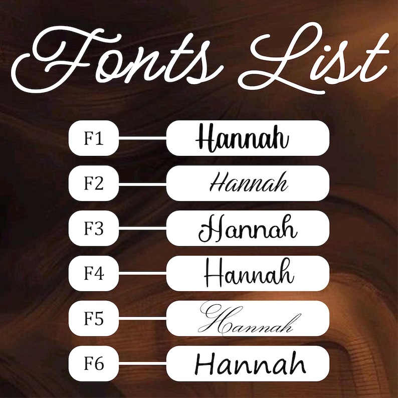 May include: A graphic displaying a "Fonts List" with six different font styles, each showcasing the name "Hannah". The fonts vary in style, from bold to cursive, against a blurred brown background.