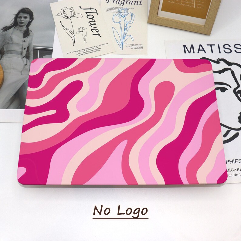 May include: A rectangular laptop case with a vibrant, wavy pattern in shades of pink. The design features flowing lines of light pink, medium pink, and deep magenta. The words "No Logo" are printed in black at the bottom.