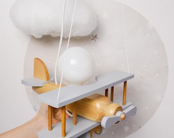 Small Gray Wooden Airplane Light | Hanging Aircraft Light for Kids Room | Nursery Airplane Light | Adventure Room | Kids Ceiling Lamp