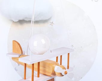 Small White Wooden Airplane Light | Hanging Aircraft Light for Kids Room | Nursery Airplane Light | Adventure Room | Kids Ceiling Lamp