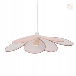 May include: A flower-shaped pendant light fixture with a white cord and a light bulb. The light has six petal-shaped shades in a soft pink color with a white interior and a brown trim. The light fixture is hanging from the ceiling.