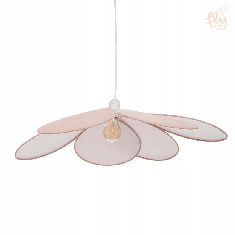 May include: A flower-shaped pendant light fixture with a white cord and a light bulb. The light has six petal-shaped shades in a soft pink color with a white interior and a brown trim. The light fixture is hanging from the ceiling.