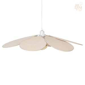 May include: A white ceiling fan with six beige, petal-shaped blades. The fan is suspended from a white cord and has a white motor housing. The blades are arranged in a circular pattern, resembling a flower. The fan is designed for indoor use.
