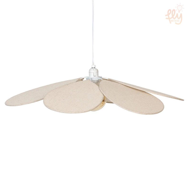 May include: A white ceiling fan with six beige, petal-shaped blades. The fan is suspended from a white cord and has a white motor housing. The blades are arranged in a circular pattern, resembling a flower. The fan is designed for indoor use.