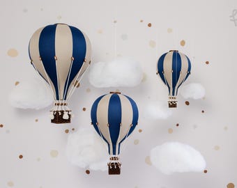 Personalized Navy Blue - Beige Hot Air Balloon with Custom Letter | Nursery Wall Decor | Baby Shower Gift | First Birthday | Christening