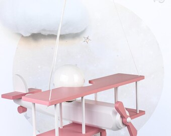 Stor rosa träflygplanslampa | Hängande flygplanslampa för barnrum | Flygplanslampa för barnkammaren | Dekoration för äventyrsrum | Flygarrum