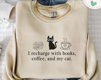 Coffee Cats And Books Lover Sweatshirt, Coffee Lover Sweater, Bookish Librarian Crewneck, Book Lover Gift, Gifts For Cat Mom, Cat Owner