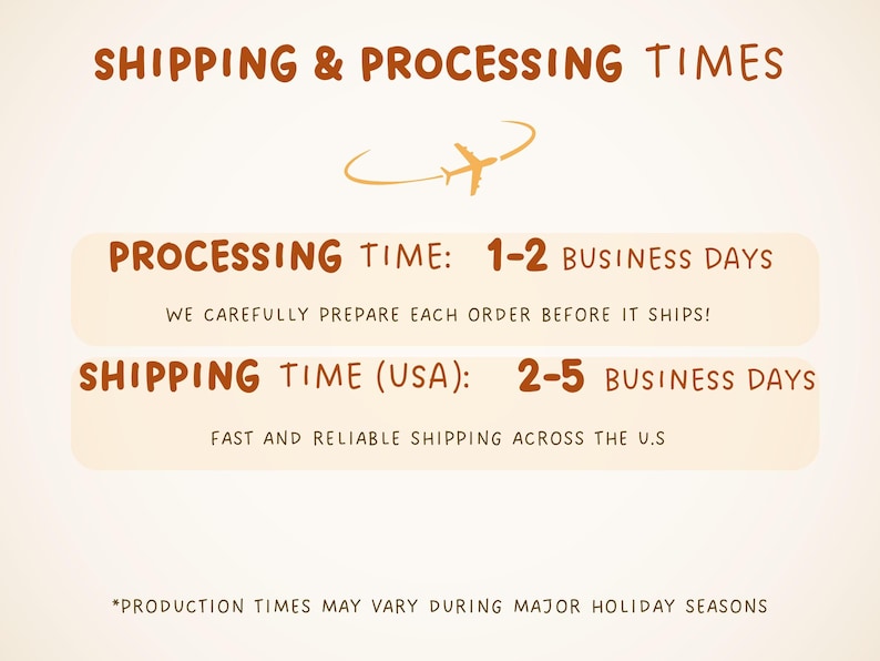 May include: Text on a cream background details shipping and processing times. The text includes "Shipping & Processing Times", "Processing Time: 1-2 Business Days", and "Shipping Time (USA): 2-5 Business Days". A small airplane graphic is also present.