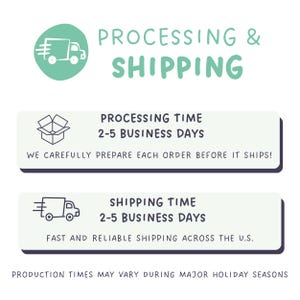 May include: An image detailing processing and shipping information. It states processing and shipping times are 2-5 business days. The image includes a truck and a box icon, with a note about holiday season variations.