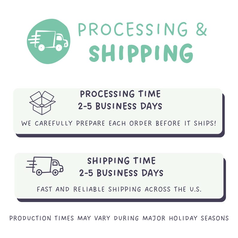 May include: An image detailing processing and shipping information. It states processing and shipping times are 2-5 business days. The image includes a truck and a box icon, with a note about holiday season variations.