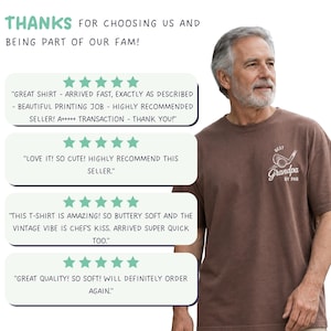 May include: A brown t-shirt featuring a white graphic on the chest with a golf club, a golf ball, and the text 'BEST Grandpa BY PAR'. The image includes four five-star customer reviews and the text 'THANKS FOR CHOOSING US AND BEING PART OF OUR FAM!'