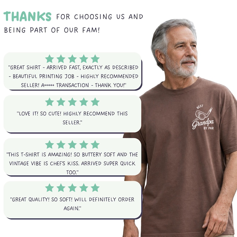 May include: A brown t-shirt featuring a white graphic on the chest with a golf club, a golf ball, and the text 'BEST Grandpa BY PAR'. The image includes four five-star customer reviews and the text 'THANKS FOR CHOOSING US AND BEING PART OF OUR FAM!'