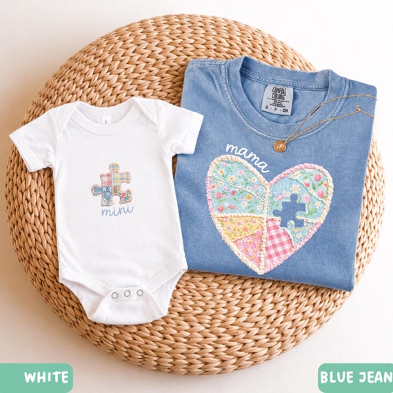 Mommy and Me Outfits, Faux Patchwork Puzzle Piece Mama Mini Matching Shirts, First Mothers Day Gift From Baby, Mom and Baby Bodysuit and Tee