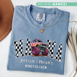 Personalized Monster Truck Mama Shirt Comfort Colors® Grunge Checkered Mom Tee Custom Kids Names Birthday Party Outfit Gift