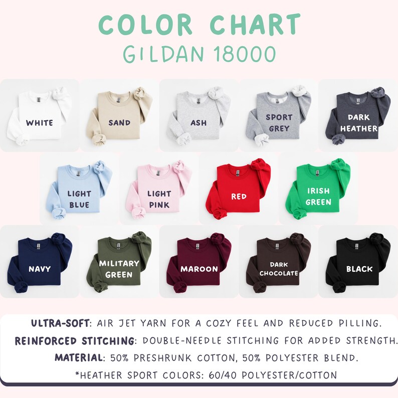 Op de afbeelding: Kleurenkaart van Gildan 18000 sweatshirts in diverse kleuren, waaronder wit, zand, as, sportgrijs, donker heather, lichtblauw, lichtroze, rood, Iers groen, marine, legergroen, bordeaux, donkere chocolade en zwart. Materiaal- en feature-details.
