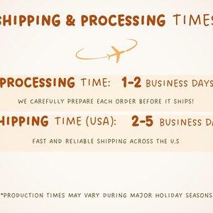 May include: Text on a cream-colored background details shipping and processing times. The text includes "Shipping & Processing Times", "Processing Time: 1-2 Business Days", and "Shipping Time (USA): 2-5 Business Days". An airplane graphic is also present.