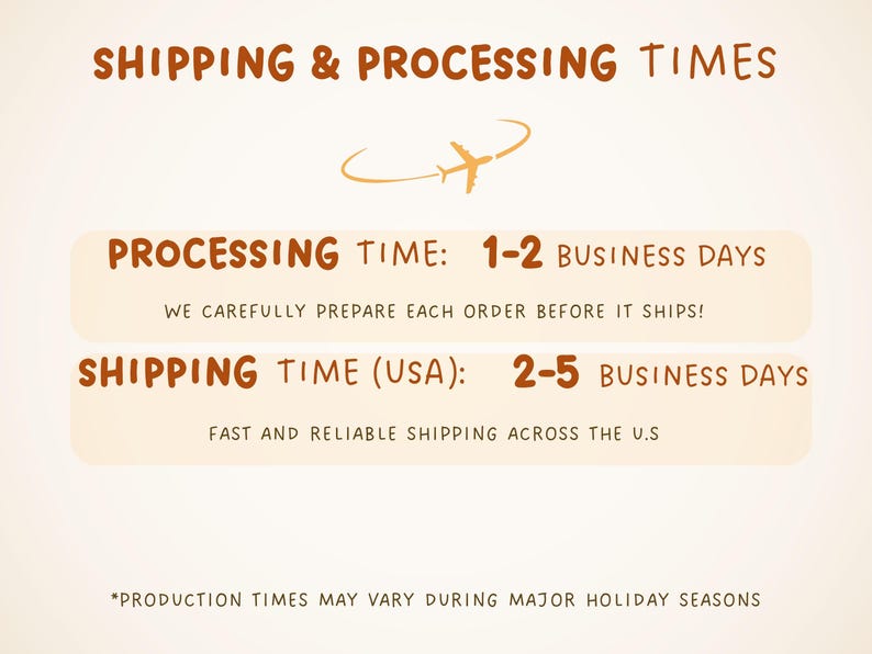 May include: Text on a cream-colored background details shipping and processing times. The text includes "Shipping & Processing Times", "Processing Time: 1-2 Business Days", and "Shipping Time (USA): 2-5 Business Days". An airplane graphic is also present.
