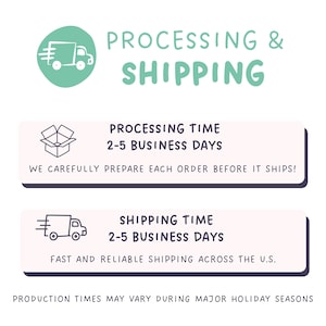May include: An informational graphic with a mint green circle containing a white truck icon, followed by the text PROCESSING & SHIPPING. Two rectangular boxes detail processing time of 2-5 business days and shipping time of 2-5 business days.