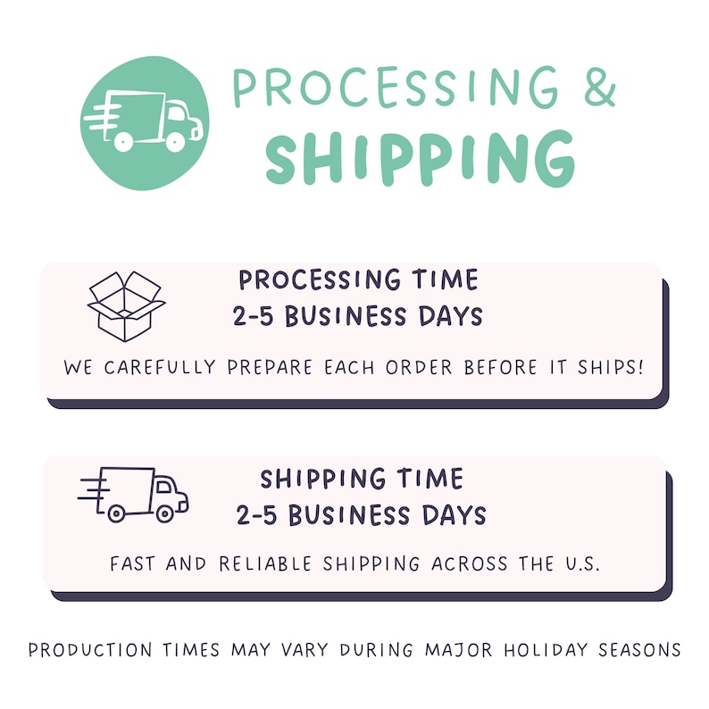 May include: An informational graphic with a mint green circle containing a white truck icon, followed by the text PROCESSING & SHIPPING. Two rectangular boxes detail processing time of 2-5 business days and shipping time of 2-5 business days.