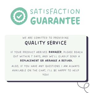 May include: A teal and white graphic with the words "SATISFACTION GUARANTEE" at the top. Below, a rectangular box contains text about quality service, replacements, and refunds. A teal checkmark icon is at the top left.