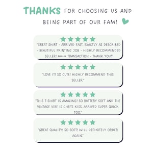 May include: A light green graphic with the text "THANKS FOR CHOOSING US AND BEING PART OF OUR FAM!". Below are customer reviews with five-star ratings, praising the shirt quality, printing, and service.