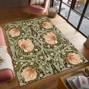 William Morris Pimpernel Floral Rug, Washable Green Area Rug, Non Slip Carpet, Home Decor Mat, Retro Living Room Rug, Stylish Gift Idea