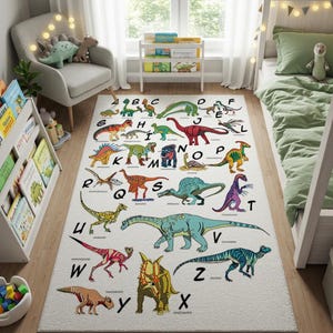 Alfombra infantil colorida de dinosaurios con el alfabeto para niños y niñas, alfombra de juego suave con el alfabeto, alfombra educativa para guardería, alfombra de dinosaurio lavable para niños pequeños.