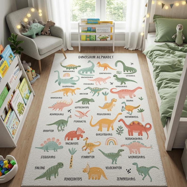 Montessori Dinosaur Learning Rug for Kids Room, Soft Quiet Area Alphabet Carpet for Toddler Floor Play, Preschool Dino Mat Decor, montessori dino rug, learning floor mat, soft abc carpet, dinosaur play mat, toddler montessori rug, quiet play rug, baby floor alphabet, preschool dino mat, pastel kids rug, machine washable rug, montessori kids decor, toddler dino carpet, educational dino rug, soft learning rug, calming nursery rug, montessori play mat, abc dinosaur carpet, alphabet dinosaur rug