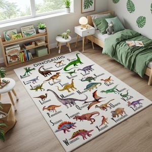 Alfombra de dinosaurios ABC para habitaciones infantiles: Alfombra de aprendizaje suave y lavable, tapete de juegos preescolar con diseño educativo del alfabeto de dinosaurios.