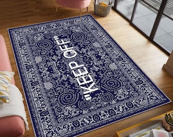Keep Off Rug, Navy Paisley Living Room Rug, Washable Nonslip Designer Area Rug