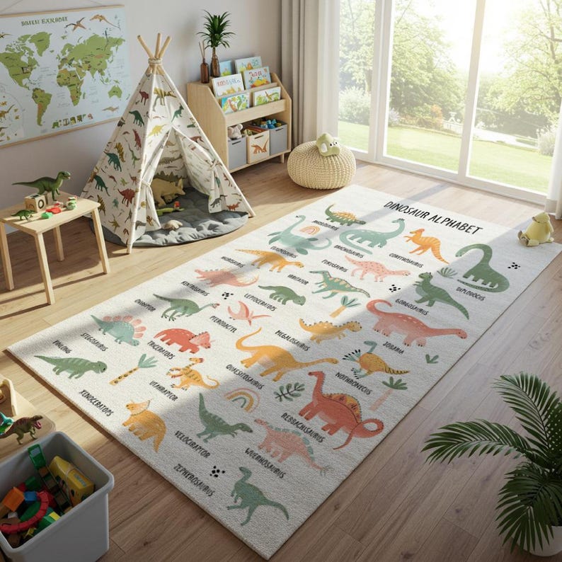 Montessori Dinosaur Learning Rug for Kids Room, Soft Quiet Area Alphabet Carpet for Toddler Floor Play, Preschool Dino Mat Decor, montessori dino rug, learning floor mat, soft abc carpet, dinosaur play mat, toddler montessori rug, quiet play rug, baby floor alphabet, preschool dino mat, pastel kids rug, machine washable rug, montessori kids decor, toddler dino carpet, educational dino rug, soft learning rug, calming nursery rug, montessori play mat, abc dinosaur carpet, alphabet dinosaur rug