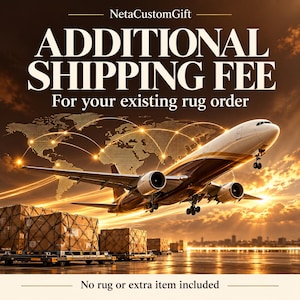 May include: A commercial aeroplane takes off against a sunset sky with a glowing world map graphic. In the foreground, cargo pallets are stacked with brown boxes. Text reads: NetaCustomGift ADDITIONAL SHIPPING FEE For your existing rug order. No rug or extra item included.