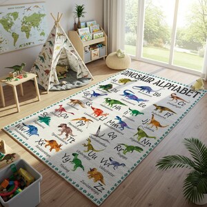 Alfombra del alfabeto de dinosaurios para la habitación infantil: Alfombra de juego educativa ABC suave y lavable, alfombra de aprendizaje Montessori para guardería, alfombra de regalo de cumpleaños para niños pequeños.