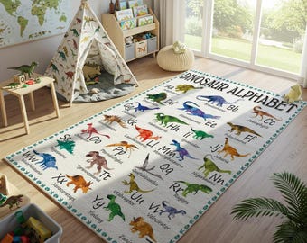 Dinosaur Alphabet Rug for Kids Room: Soft Washable ABC Educational Play Mat, Montessori Nursery Learning Rug, Birthday Gift Rug for Toddler