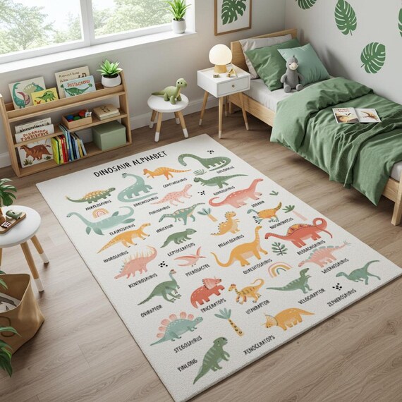 Montessori Dinosaur Learning Rug for Kids Room: Soft Quiet Area Alphabet Carpet for Toddler Floor Play, Preschool Dino Mat Decor