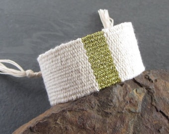 Handwoven linen cotton bracelet / textile bracelet / wide cuff bracelet / fiber jewelry / cream and gold