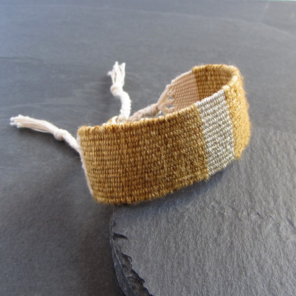 Handwoven cotton silk bracelet / textile bracelet / cuff bracelet / loom woven bracelet / fiber jewelry / yellow gold bronze