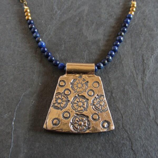 Artisan pendant on lapis lazuli chain // bronze pendant / gemstone necklace / lapis necklace / boho necklace / medieval jewelry