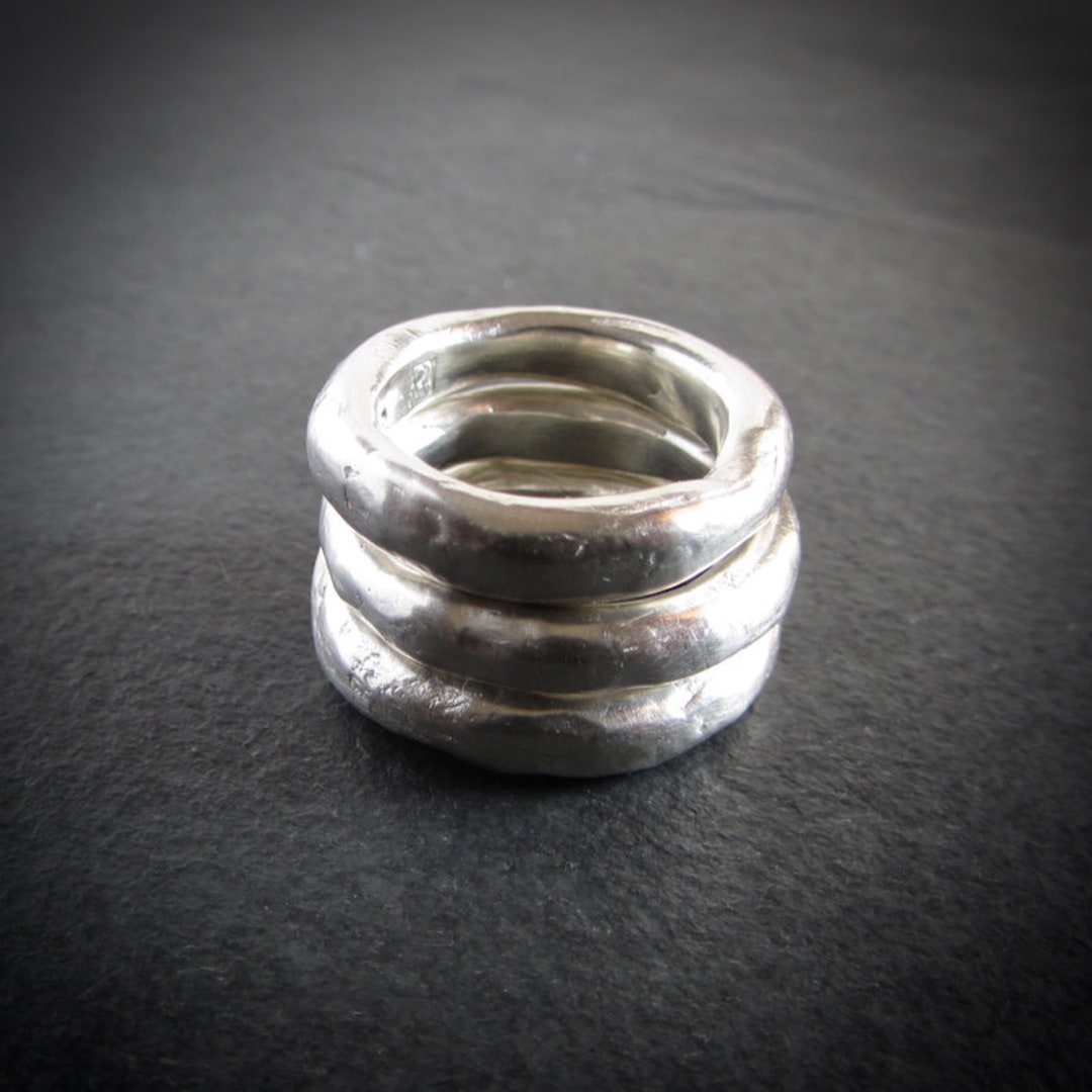 Chunky Ring Set in Sterling Silver / Heavy Silver Band / Rustic Band ...