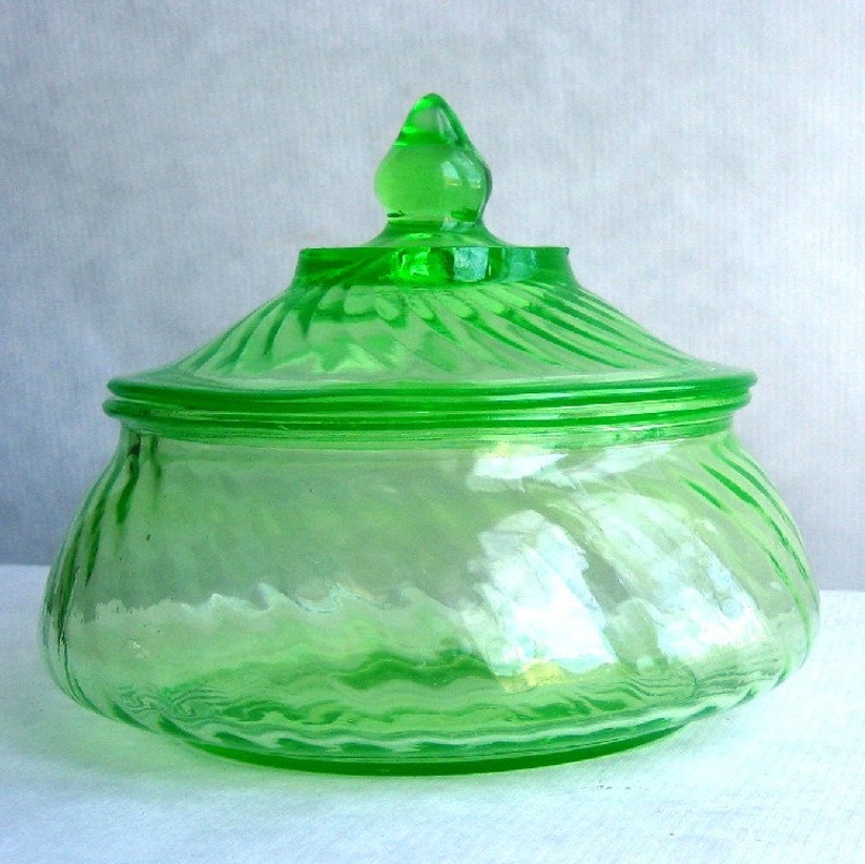 Antique Green Vaseline Depression Glass Candy Dish With Lid Etsy