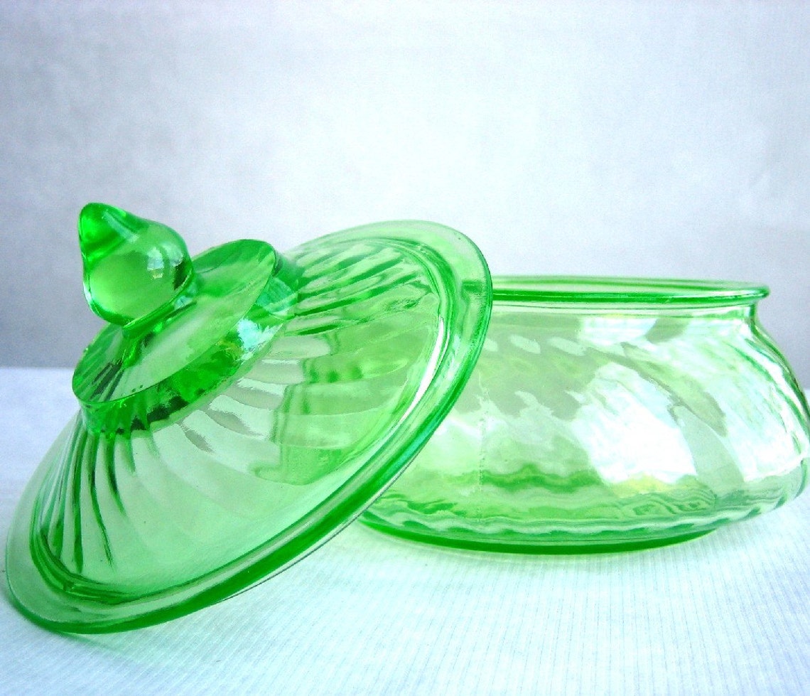 Antique Green Vaseline Depression Glass Candy Dish With Lid Etsy